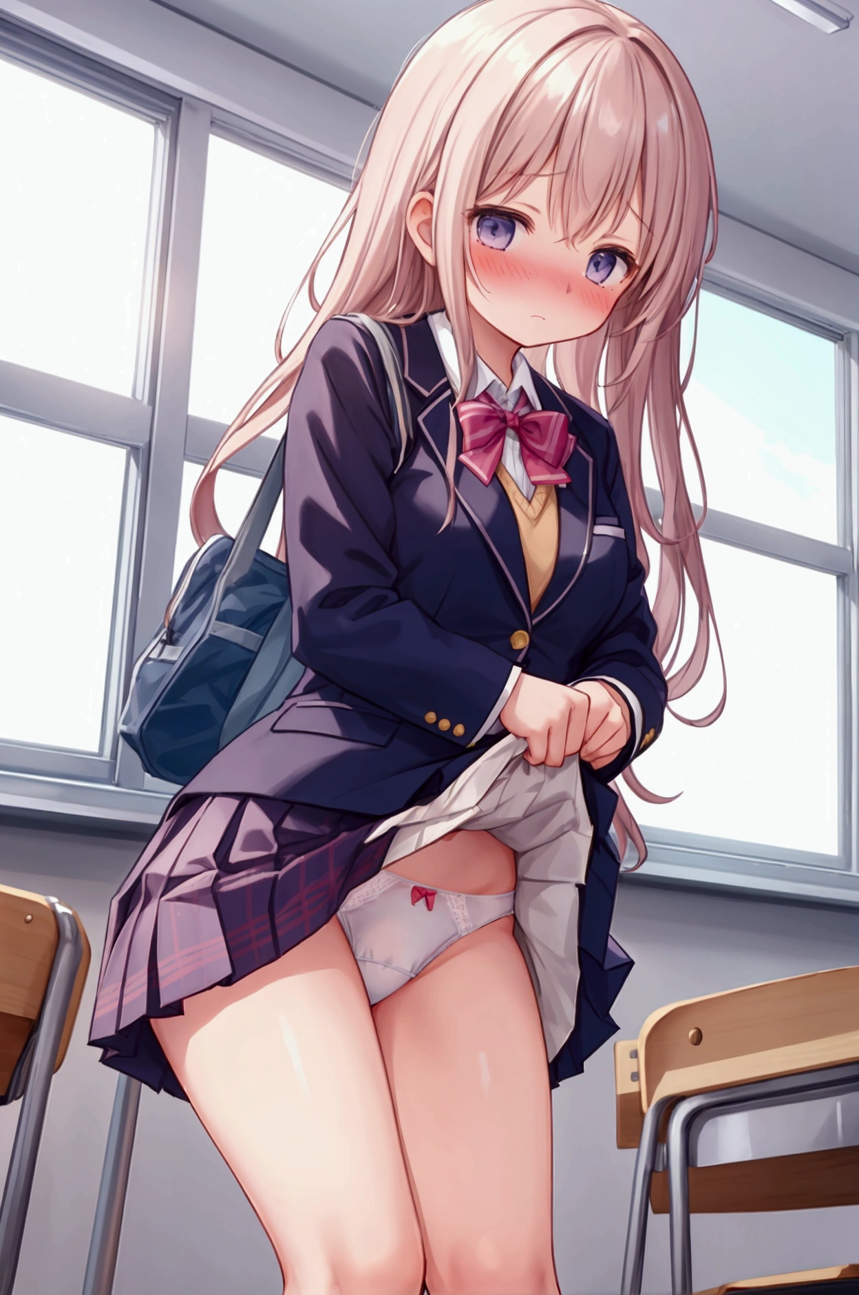 Girl、Embarrassed、blush one&#39;s cheeks、school uniform、blazer、White socks、loafers、skirt lift、White panties、classroom