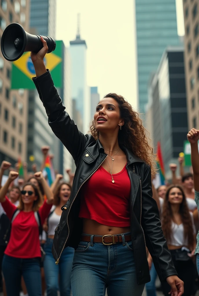 Create an image where Patrícia Galvão (Pag) is in a demonstration, She must be commanding the demonstration with determination with a loudspeaker in one hand, and the other hand raised high with the hand closed, On Avenida Paulista. Everything should happen as if she were in the present day..
It should be a more realistic photo and seen from an angle seen more or less from above.