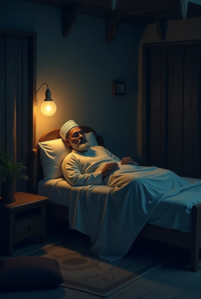 A Muslim man sleeps in a house, at night
