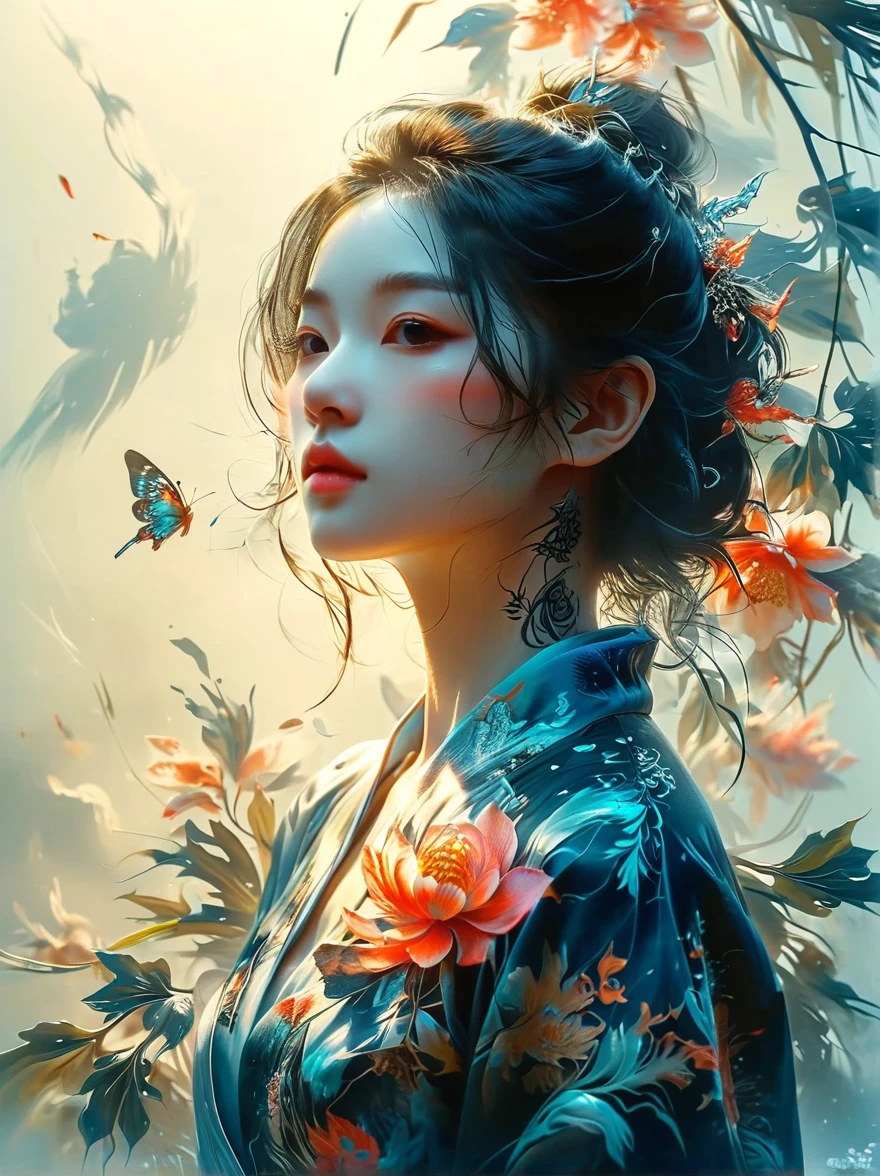 Arabian woman with flower wreath and butterflies, James Jean and Urop, Beeple and James Jean, James Jean Soft Light 4K, James Jean Soft Light 4K, Weta Studios and James Jean, 3D neon art of female body, james jean artwork, JamesJean」, Inspired by James Jean, Beeple and Alphonse Mucha