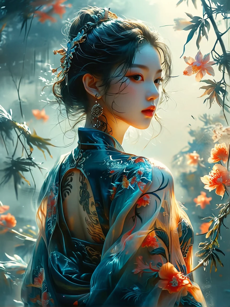 Beautiful Chinese girl，sketch，Minimalism，pencil drawing，Clear lines，(Double Exposure:1.4)，Exquisite decoration，Kuindzhi，(Upper thigh shot:1.3)，Full body shot，Low angle shot，(Tattoo:1.3)，Tyndall effect，Soft Focus，4K，hdr， [hdr：0.9]，Acid Graphics，Plant 1girl，Fantasy Artwork，[Detailed and attractive face：0.33]，[Coat Dress：0.15]，[K-pop：0.417]，masterpiece，(波尔卡Tattoo:1.4)，(Translucent luminous body:1.5)，Minimalism设计，Silhouette outline and beauty woman and glowing，Shadow World，错综复杂的艺术品masterpiece，(Suspenders:0.6)