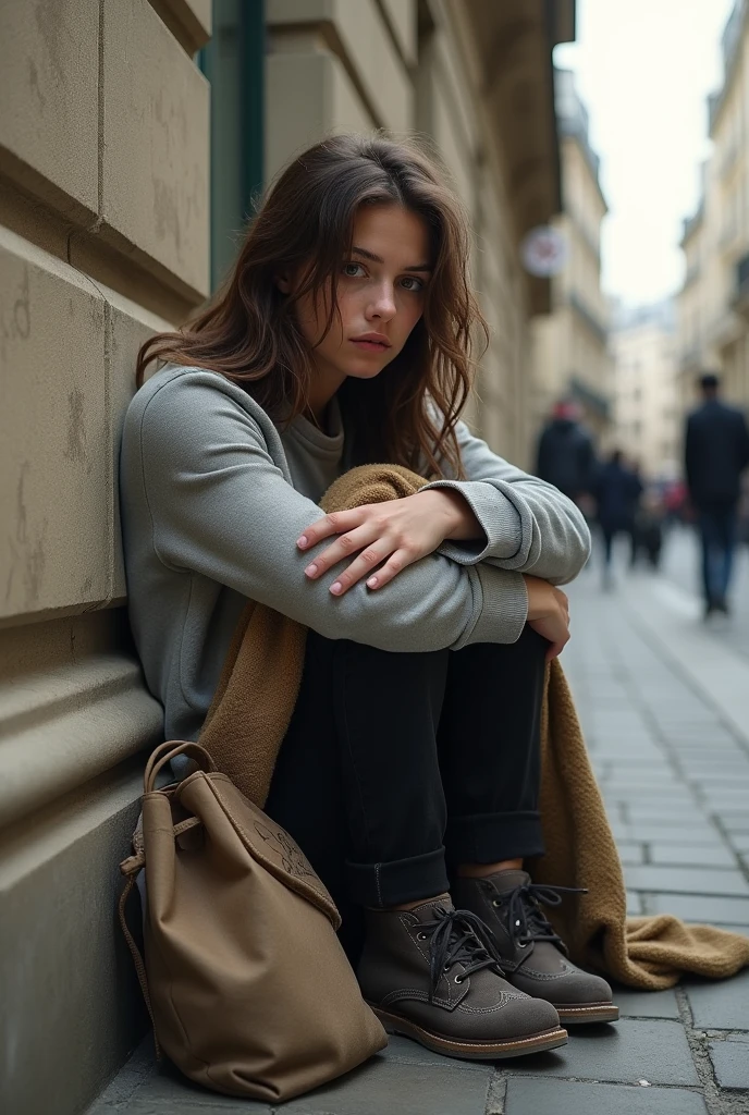 A young woman in her twenties, Caucasian with slightly wavy, shoulder-length brown hair, stands on a busy street in Paris. She is dressed very simply and worn: a worn light gray sweater and faded black pants, with worn shoes. His hair is messy and his clothes seem a little rumpled, adding to the look of his tired appearance. She sits against a stone wall of a Parisian building, with a blanket wrapped around her to protect herself from the cold. She holds a small, worn canvas bag at her side.