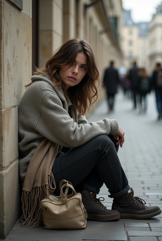 A young woman in her twenties, Caucasian with slightly wavy, shoulder-length brown hair, stands on a busy street in Paris. She is dressed very simply and worn: a worn light gray sweater and faded black pants, with worn shoes. His hair is messy and his clothes seem a little rumpled, adding to the look of his tired appearance. She sits against a stone wall of a Parisian building, with a blanket wrapped around her to protect herself from the cold. She holds a small, worn canvas bag at her side.
