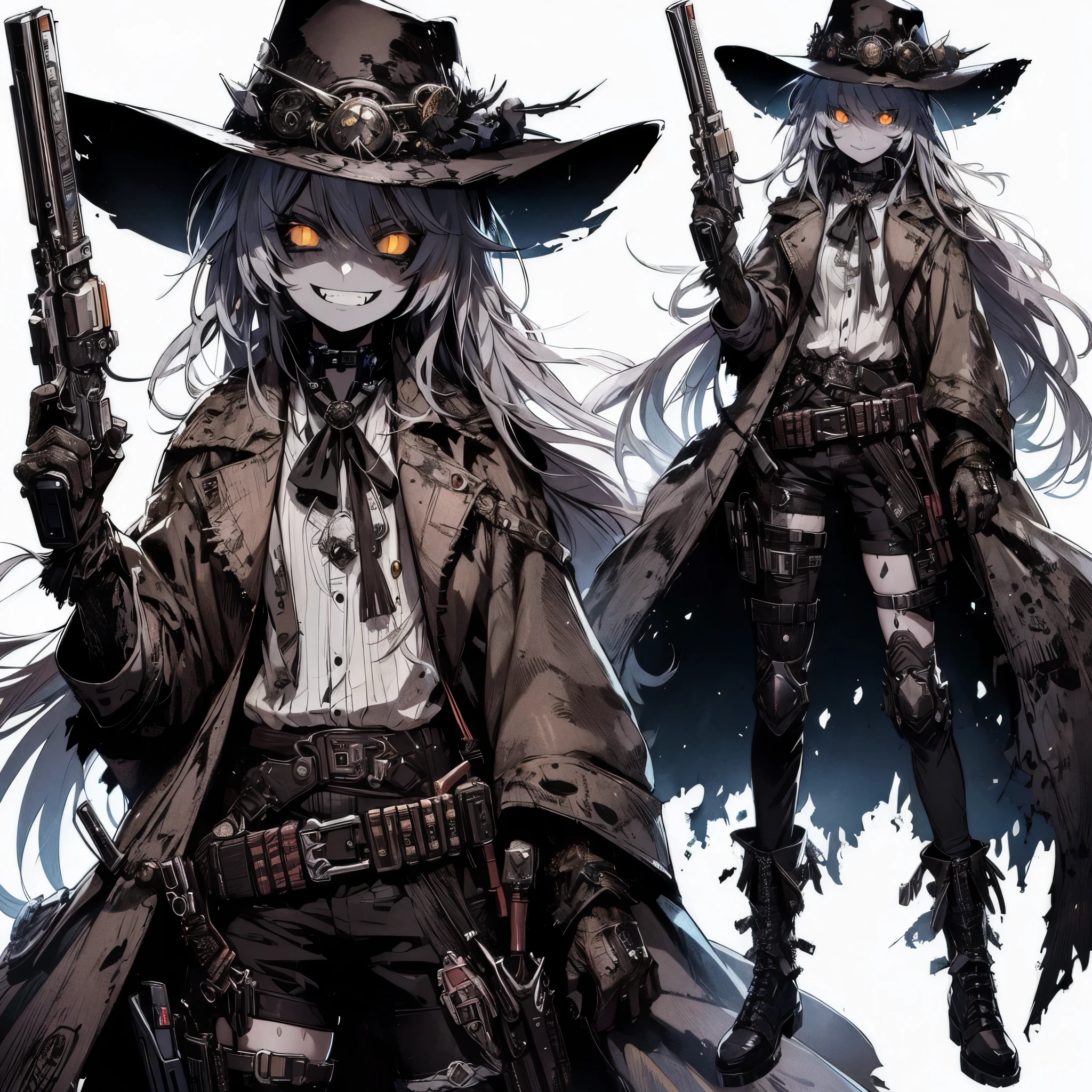 (masterpiece, Best Quality), (detailed hairs), Ultra-detailed, Anime style, Full body, Solo, Cyberpunk urban legend gunslinger female, glowing eyes, JAGGED-SMILING-TEETH, she is wearing ragged cloak, distorted duster coat, spurred boots, and a distorted wide-brimmed cowboy hat. she wears a cursed cowboy-like outfit. Holding a monstrously relic revolver pistol. feminine. ultra- massive, muscular, White background, standing full length, standing on wasted earth,
