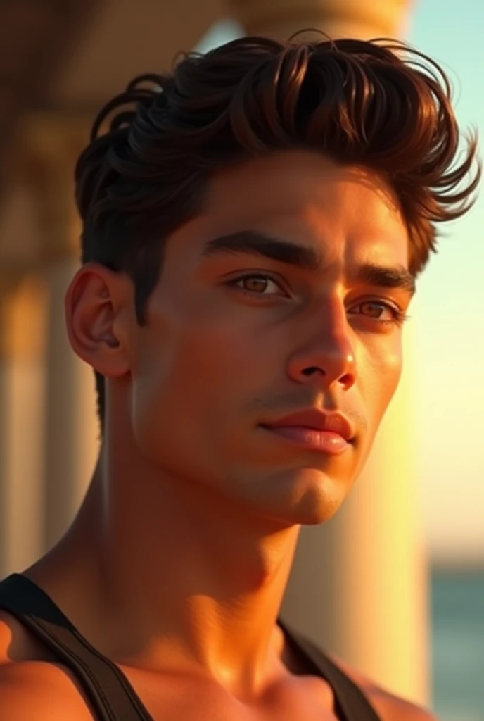 Sun-kissed, brown skin, black hair, warm brown eyes male