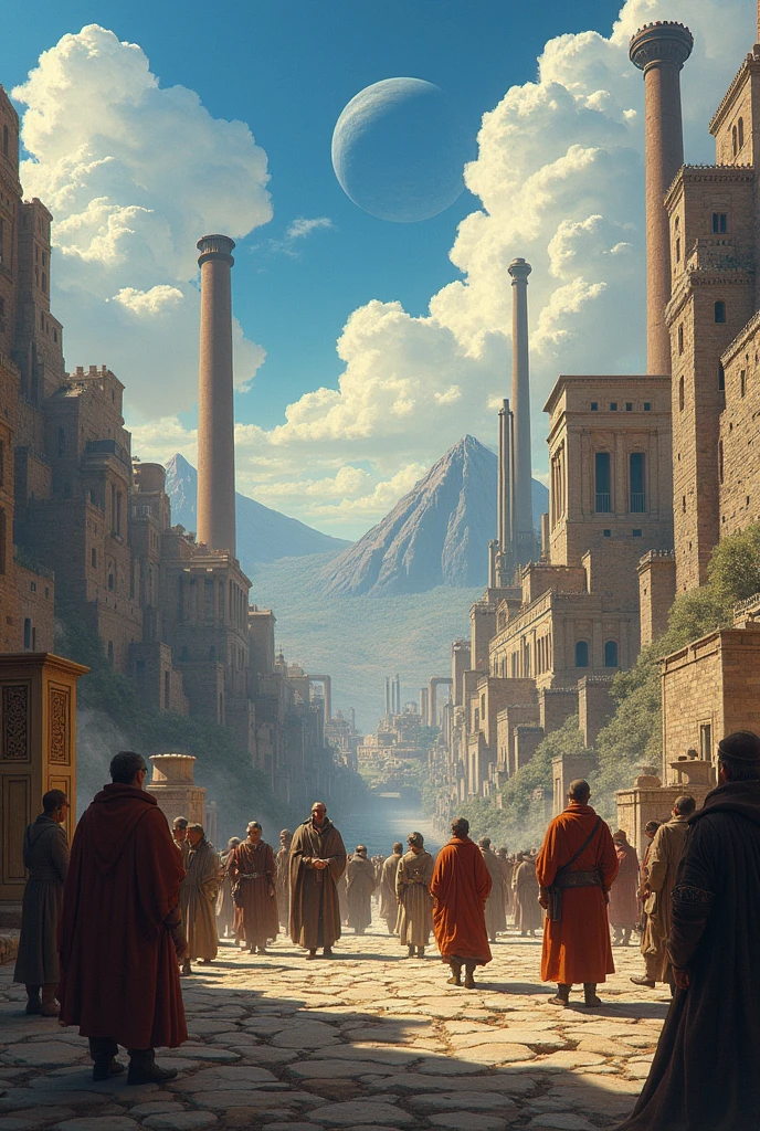 Ancient, Medieval, Renaissance, Industrial revolution, 19th Century and 2oth century in one illustration landscape