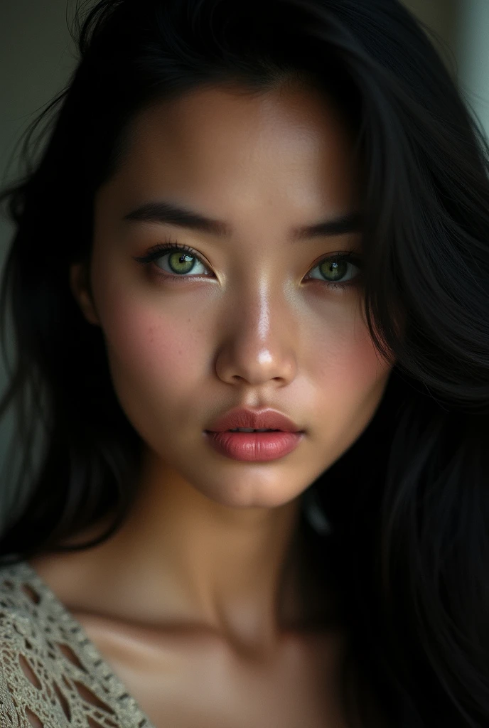 Thai woman face photography, black hair , yeux verts, regard charmeuse, Dark skin tones ,26 ans, big lips, bonnes joue