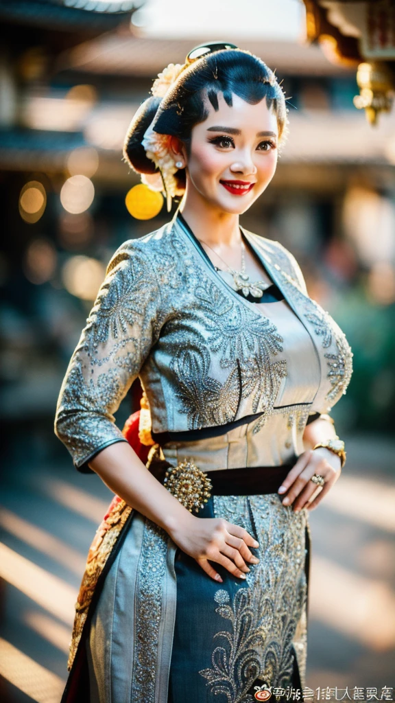 photography, full body of java wedding woman in grey long kebaya dress traditional and batik skirt, ((gigantic breast:1.3)),((huge hairbun)),((looking back over shoulder)), , tiny strain white jasmine hair ornaments, long shot , light smile, beautiful face, (extremely detailed photo), full body shot photo, high-quality photo, photorealistic, Intricate, High Detail, Sharp focus, dramatic, photorealistic, RAW photo, real person, hyperrealism, masterpiece,, very detailed face and eyes,4k,8k,highly detailed, high Detail, Sharp focus, detailed face,
high-quality photo, (photorealistic:1.5),(hyper realistic:1.5), bright sunlight from side,on temple