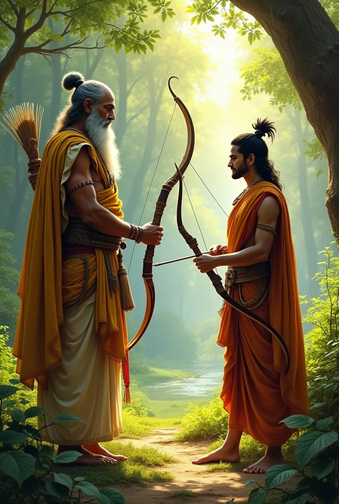 Guru dhronacharya with king arjuna teaching him bow and arrow in a forest and arjuna is with fit body