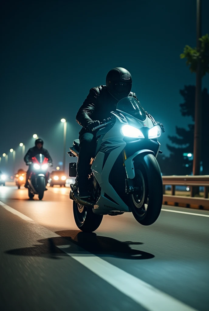 Super bike ‘wheelie’ on 250 speed in highway on night with biker group ,side view
