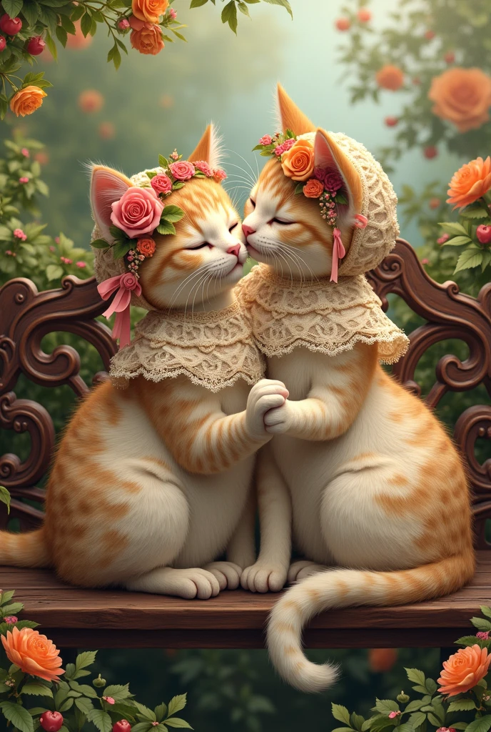 A loving couple, a mother cat and a father cat, in beautiful lace outfits and headdresses decorated with flowers and ribbons, sit on a carved bench in a blooming garden