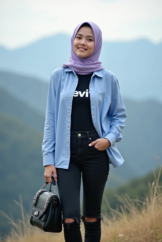 Please make me a photo of a young woman wearing a light purple hijab and a matching blue Levis shirt over a black top and black torn black jeans, wearing black and white sneakers. He was holding a black-plated handbag with a silver chain strap. He smiled softly and was standing tall looking in front of the camera. The background is blurry and out of focus, with mountains in the distance. The picture is soft and dreamy,