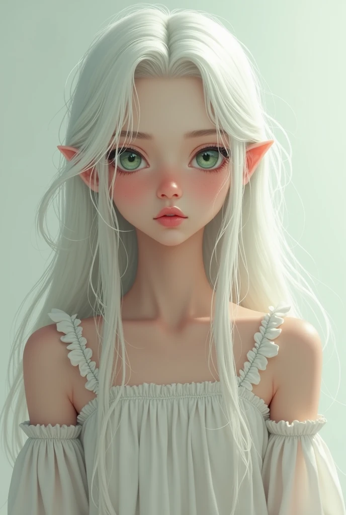 A girl with long white hair reaching her hips, light green eyes and flat chest