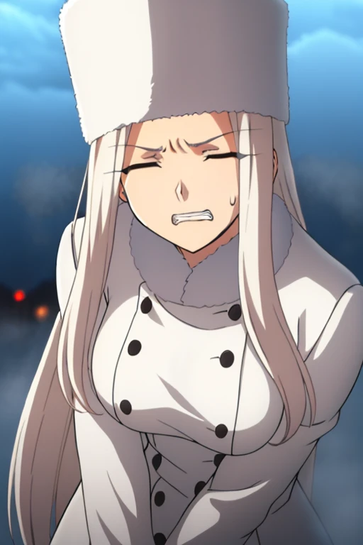 Irisviel Von Einzbern, (large breasts), oversized breasts, long hair, (platinum-blonde hair), white fur coat, white fur hat, solo, angry facial expression, closed eyes, clenched teeth, sweat, (night time), (foggy weather), (snow), close-up