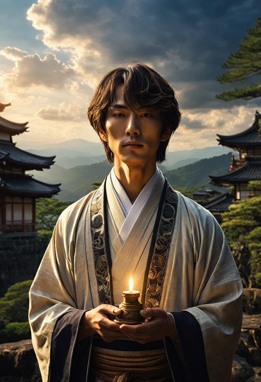 
Genius idol father Akechi stands once again at the ancient shrine, now bathed in the warm light of a setting sun. He holds the amulet close to his chest, a look of gratitude and peace on his face. The shrine and surrounding landscape are serene, with gentle rays of sunlight breaking through the clouds, symbolizing a new beginning. The composition captures both Genius idol father Akechi 's growth and the tranquil beauty of his village restored to peace, intricate details High Quality, 8k, Realistic, Ultra-Detailed, Dramatic Lighting, Soft Focus, Digital Illustration, Intense Expression, Strong Gaze, Intense Emotion, Complex Mechanics, Advanced Technology, Dark Background, Cinematic, High Contrast, Moody, Strict, Atmosphere, (Best Quality, 4k, 8k, High Definition, Masterpiece: 1. 2 ), ultra-detailed, (realistic, graphic, photorealistic:1.37) --no glass

