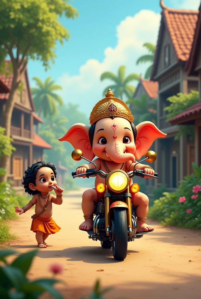 Little cute ganesh is riding a motorcycle in a village road. Naradha is asking talking to him