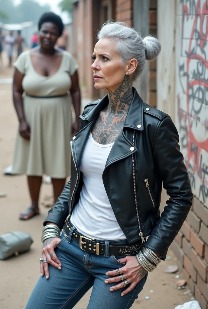 russian milf woman, grey  hair (top pouf, shaved sides, bun), with very light blue eyes, extremely pale skin. All neck tattooed. All stomach tattoed. All hands tattooed.Wearing cropped aged black moto jacket with lots of zippers and pins.. Dark blue skinny  jeans.. wide black studded belt. Leaning back on a graffitied brick wall with hands in pockets, chin up, stretching her neck , humble facial expression.. Listening with tilted head, looking up to somebody more clever  speaking to her. Well toned abdominals, thin neck, slim legs and thin arms. Narrow hips. Dirt street in Kenyan village full of waste. Lots of silver bracelets. A lot of tanned fat women  in traditional dresses around looking down at her