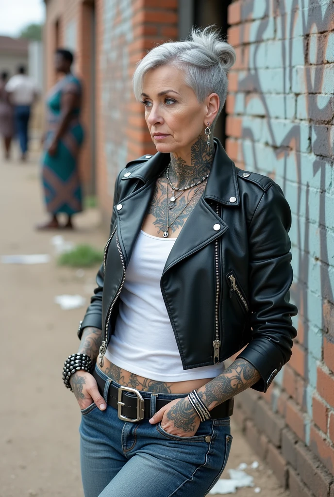 russian milf woman, grey  hair (top pouf, shaved sides, bun), with very light blue eyes, extremely pale skin. All neck tattooed. All stomach tattoed. All hands tattooed.Wearing cropped aged black moto jacket with lots of zippers and pins.. Dark blue skinny  jeans.. wide black studded belt. Leaning back on a graffitied brick wall with hands in pockets, chin up, stretching her neck , humble facial expression.. Listening with tilted head, looking up to somebody more clever  speaking to her. Well toned abdominals, thin neck, slim legs and thin arms. Narrow hips. Dirt street in Kenyan village full of waste. Lots of silver bracelets. A lot of tanned fat women  in traditional dresses around looking down at her