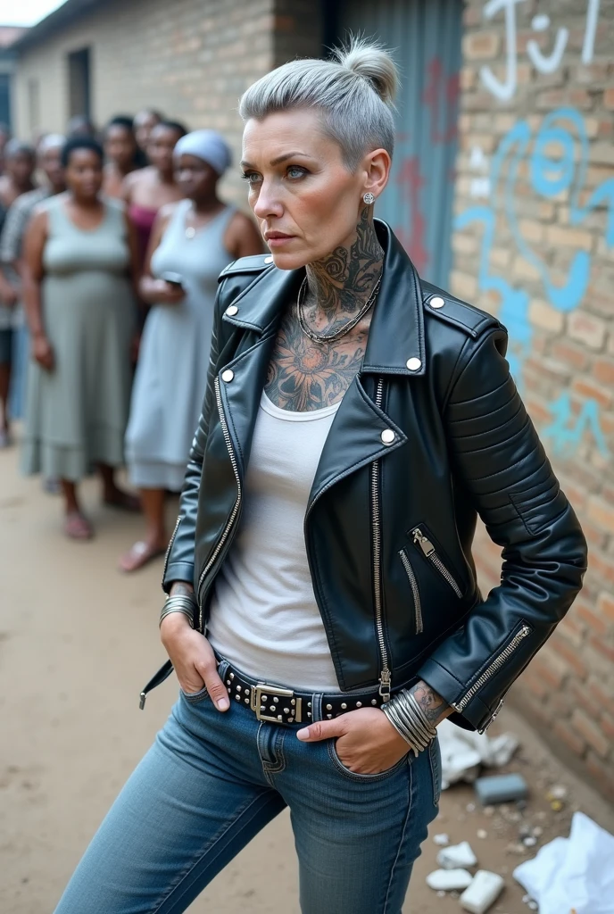 russian milf woman, grey hair (pouf, and top bun and shaved sides) and oversized square maxi sunglasses as headband, with very light blue eyes, extremely pale. Wearing aged black cropped dark grey moto jacket with padded shoulders with lots of zippers and pins; purple tight push up bra, skinny aged low rise blue jeans and dirty white tennis sneakers. Visible purple thong straps Dirty knees and dusty hands. Lots of metallic bracelets, lots of boho pendants and lots of colourful beads collars. Tacky wide studded leather belt with oversized skull and bones buckle. Long bohemian earrings with colourful feathers. Kneeling like in a payer, looking up, chin up stretching her neck , humble facial expression. Hands on her knees, showing off bracelets and rings. studded black leather tote bag with chains on the floor, next to her.. Listening in amazement to somebody speaking to her, well toned abdominals, thin neck, slim legs and thin arms. Tattoed heavily on chest and hands. Dirt street in Kenian village full of waste. A lot of tanned shirtless fat men in jeans around looking at her. next to her, all her belongings scattered on the floor: makeup kit, little makeup mirror, studded black leather tote bag, lipstick, wallet, moble etc on the floor