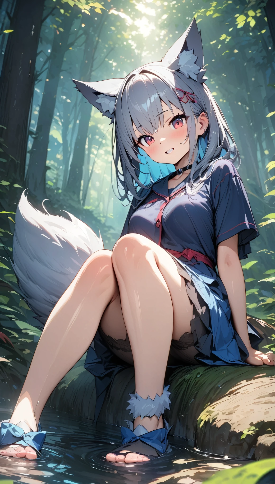 anime、Highest quality、Highest quality、Ultra-detailed、(masterpiece:1.2),Very absurd、4K,8k,Gray wolf woman living in the forest、cute、Wolf Ears、Wolf Tail、tooth、(Red Eyes:0.8),Looking at this、In the dense forest、The sunlight filtering through the trees creates a mysterious atmosphere.、A small stream flows at my feet