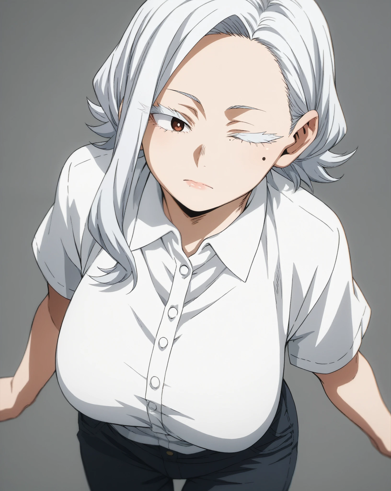 score_9, score_8_up, score_7_up, score_6_up, score_5_up, score_4_up, source_manga, rating_safe, by Kohei Horikoshi, 1girl, body shot, pale skin, beauty mark under one eye, curious expression, large eyelashes, white shirt, big breasts, black pants, white hair,
