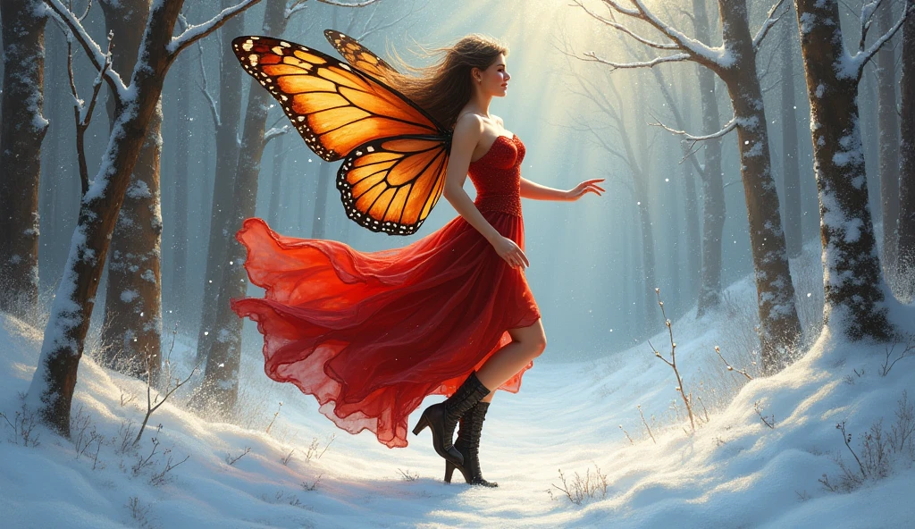 (oil painting art: 1.5) a most beautiful fairy playing in the snow, a beautiful fairy, spread butterfly wings, dynamic hair color, dynamic hair style, busty, wearing red silk dress, intricate silk, wearing high heels boots, she is playing the snow, fresh snow in the forest, high snow, High Detail, Ultra High Quality, High Resolution, 16K Resolution, Ultra HD Pictures, Ultra Realistic, Clear Details, Realistic Detail, Ultra High Definition