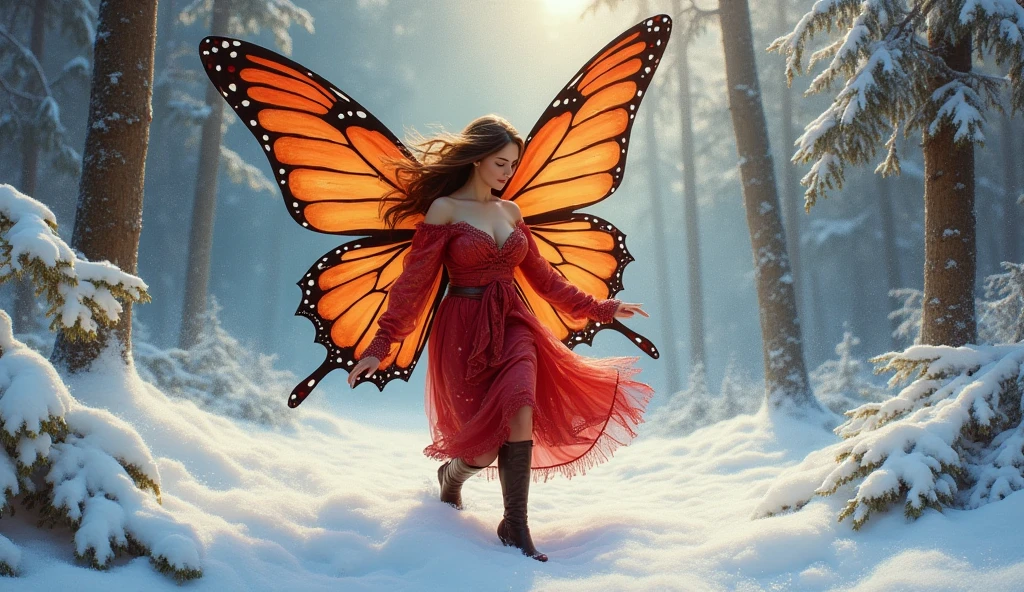 (oil painting art: 1.5) a most beautiful fairy playing in the snow, a beautiful fairy, spread butterfly wings, dynamic hair color, dynamic hair style, busty, wearing red silk dress, intricate silk, wearing high heels boots, she is playing the snow, fresh snow in the forest, high snow, High Detail, Ultra High Quality, High Resolution, 16K Resolution, Ultra HD Pictures, Ultra Realistic, Clear Details, Realistic Detail, Ultra High Definition