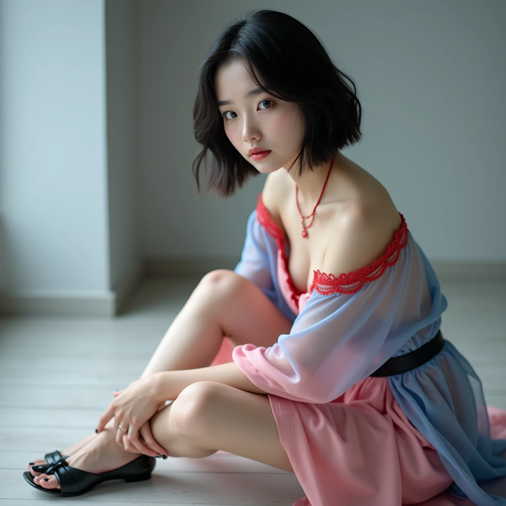 (RAW photos, best quality, masterpiece: 1.2), (Reality: 1.4), Optimal lighting, 20 years old, (Light black hair, Short Bob Hairstyle, Divide hair into three and seven parts, Hair longer than one ear, :1.15), (Symmetrical blue clear eyes, Solitary, Medium breasts, Delicate skin, :1.2), ((Light grey walls and floors, Photo Studio, Sitting on the floor, Sitting against the wall, Pink and blue transparent off-the-shoulder short kimono, Red lace necklace, Thin necklace, Wear black high heels, Clean your legs, Movie Lighting, Sexy look, from the side))