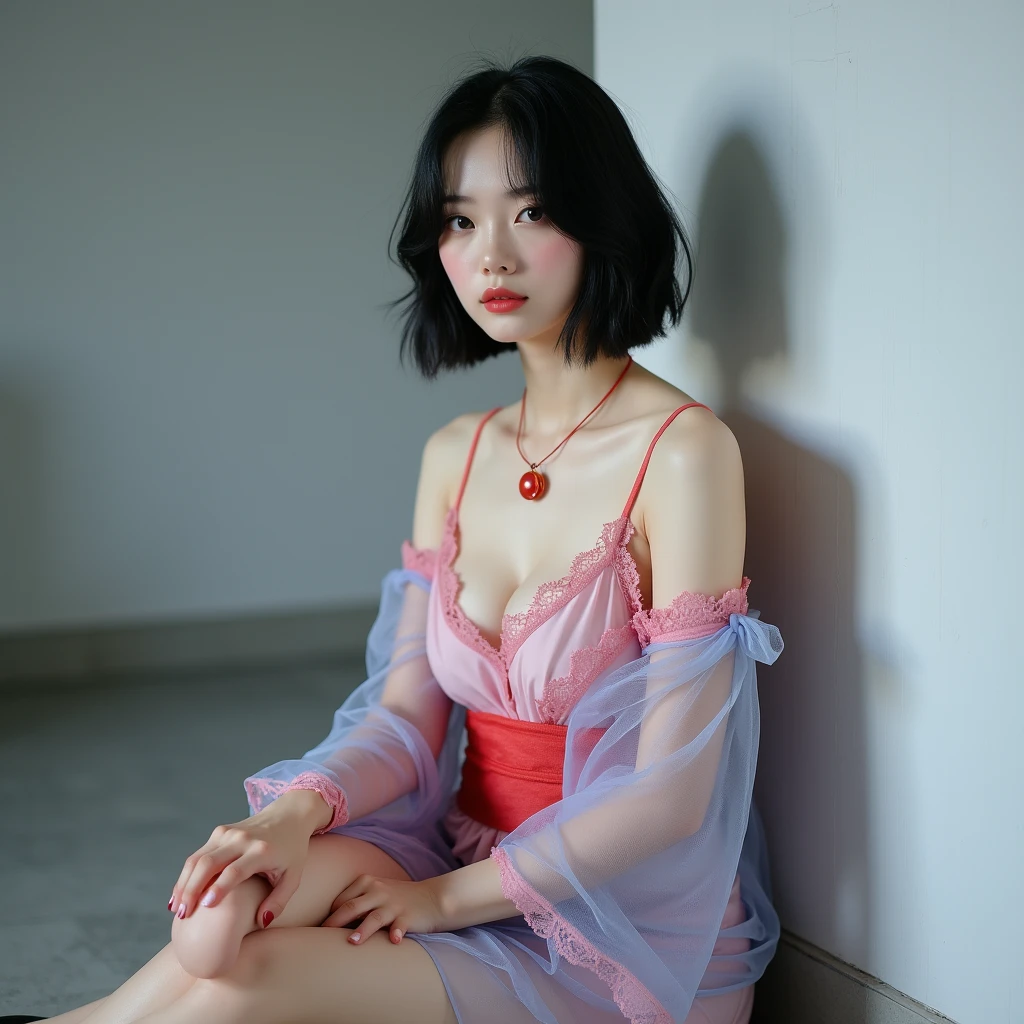 (RAW photos, best quality, masterpiece: 1.2), (Reality: 1.4), Optimal lighting, 20 years old, (Light black hair, Short Bob Hairstyle, Divide hair into three and seven parts, Hair longer than one ear, :1.15), (Symmetrical blue clear eyes, Solitary, Medium breasts, Delicate skin, :1.2), ((Light grey walls and floors, Photo Studio, Sitting on the floor, Sitting against the wall, Pink and blue transparent off-the-shoulder short kimono, Red lace necklace, Thin necklace, Wear black high heels, Clean your legs, Movie Lighting, Sexy look, from the side))