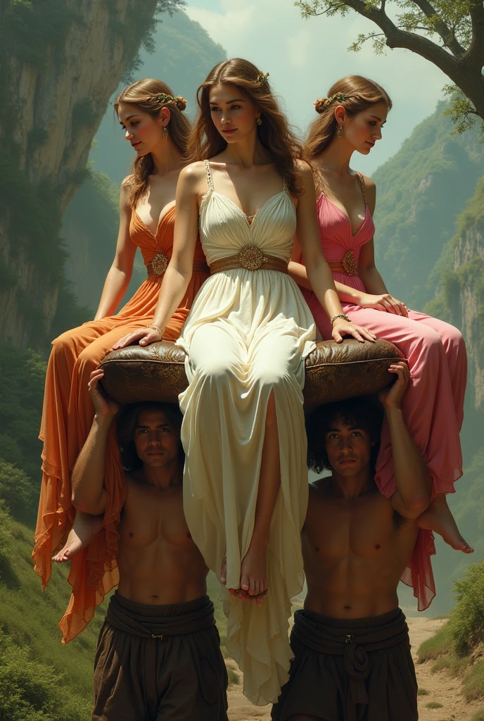 3 women sitting on leather cushion kept on men's back and the men is carrying them on their back