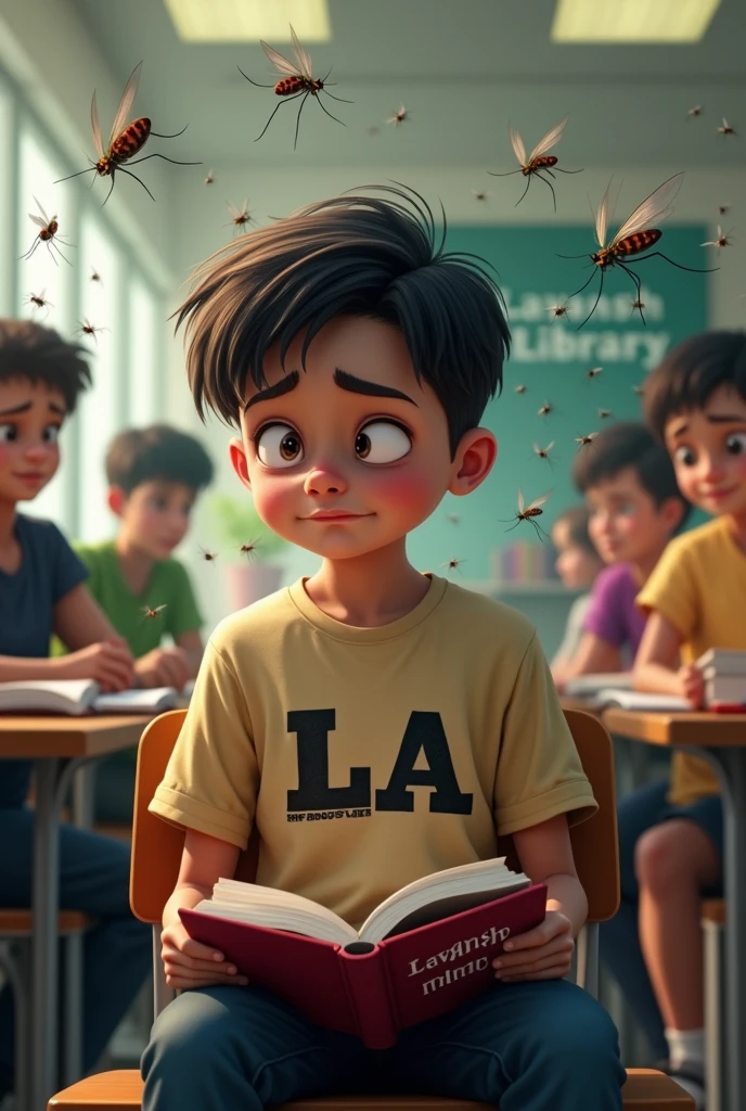 Many mosquito are flying or a boy whom seating in library, wearing L.A. name logo tshirt or holding a Bold language name Raj.Gk book and other students are also seeting his behind, in the background showing a bold language name *Lavansh Library* , watching mosquito with stress face, realistic image