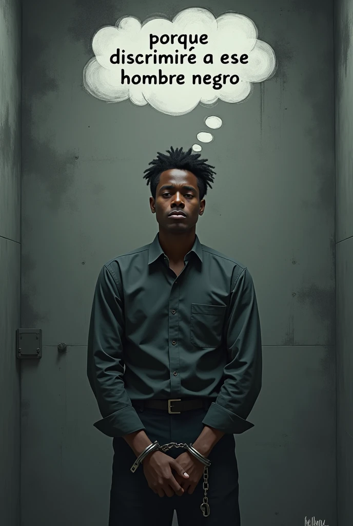 A sad young lawyer handcuffed in prison, with a cloud of thought that says "because I discriminated against that black man" in Spanish,