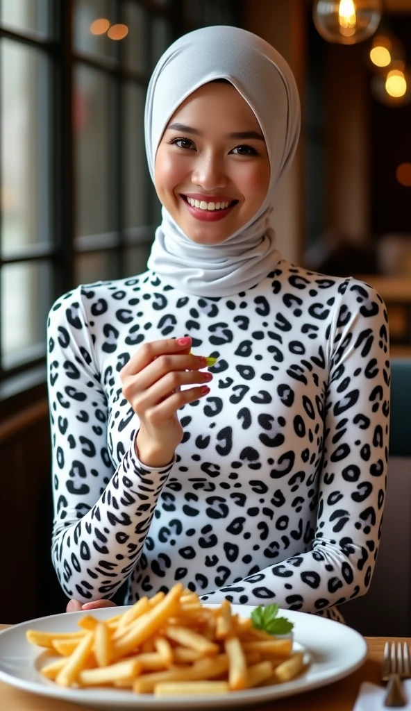 the beautiful,slender thin and prettiest Malaysian muslimah adult girl with beautiful cheeks wears white colour leopard print lycra turtleneck unitard catsuit covered with black seamless spots and always wear white leopard colour print lycra elastane stretchy dance wear hijab covered with white leopard seamless spots.She enjoys to eat fish and chips at the hotel.