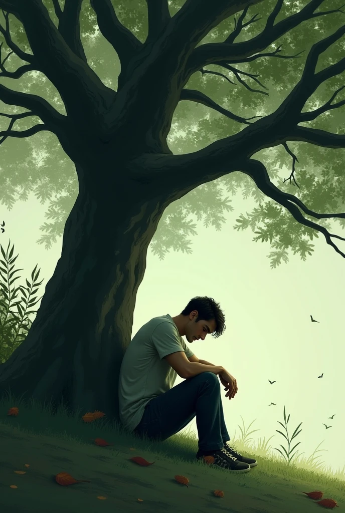 Give me a picture where a man is sitting under a tree sad