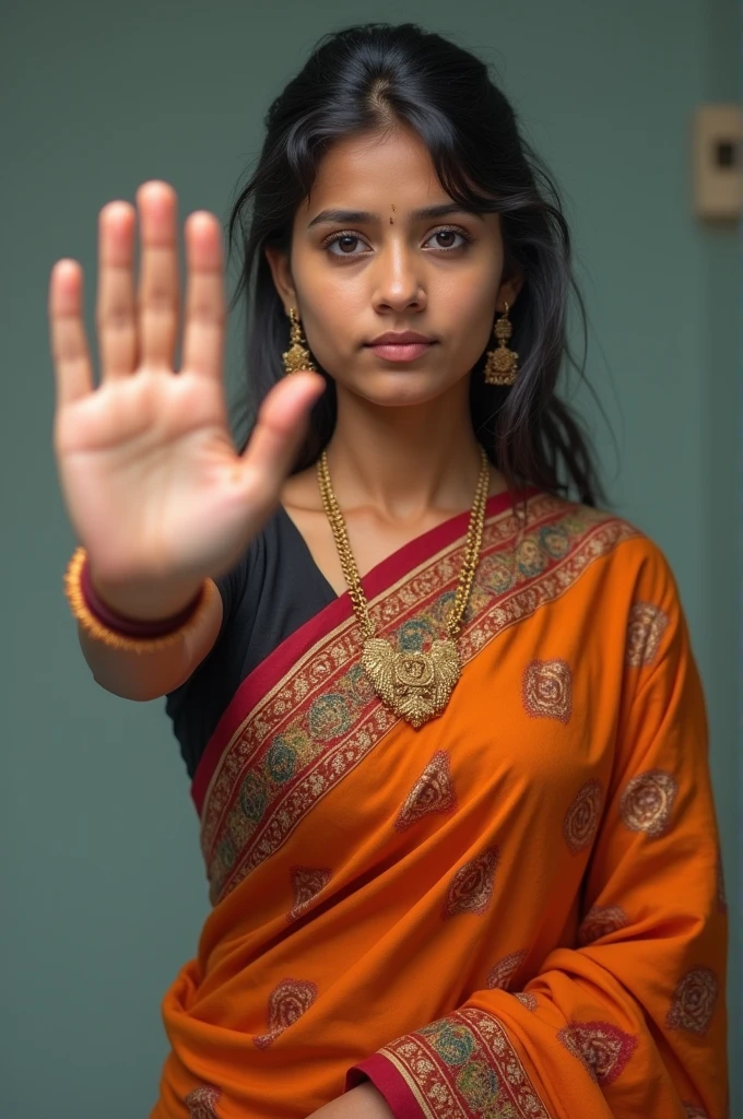 A young lady wearing sambalpuri saree and showing stop sign with her hand