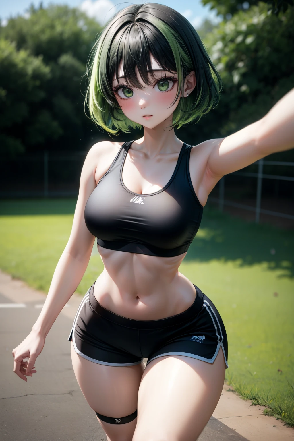 selfie, hair behind ear, makeup, light green hair, green hair, black hair, green and black gradient hair, short hair, straight hair, bangs, green eyes, (small breasts:0.7), short shorts, shorts, sports shorts, sports bra, black bra, black shorts, thick thighs, wide hips, thigh gap, thin waist, park, outdoors, walking, running, motion blur,