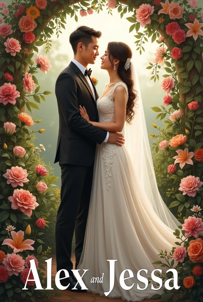 Realistic pinoy couple wearing wedding with background arounding flowers with name write 'Alex and jessa'