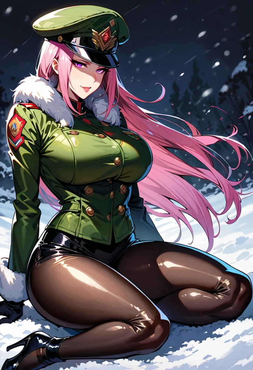 Mature beautiful woman,(Highest quality,Extremely detailed depiction,Incredibly absurd high resolution,Anatomically accurate depiction,Curvy Legs,Shiny skin,Porcelain-like skin,Perfect body),(Sexy female soldier,uniform,High heels,black tights,Hats for the winter,latex,Heavy coat,Winter equipment),eyelash,Flashy makeup,eye shadow,Intensely glowing purple eyes,Half-closed eyes 1.4,Large Breasts,Glossy pink lips,Shadowed face,A seductive smile,whole body:1.2,(background:Snowfield:1.3),Snow Scene,It&#39;s snowing,Side view:1.3