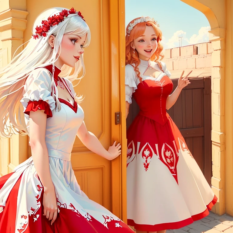 cartoon drawing of a woman in a red dress, talking to another woman in a white dress, Haha!', 😃😀😄☺🙃😉😗, your mother, 🪔 🎨;🌞🌄, 8 k, typical russian atmosphere, фото девушка курит, Style LOL, nostalgia suits you