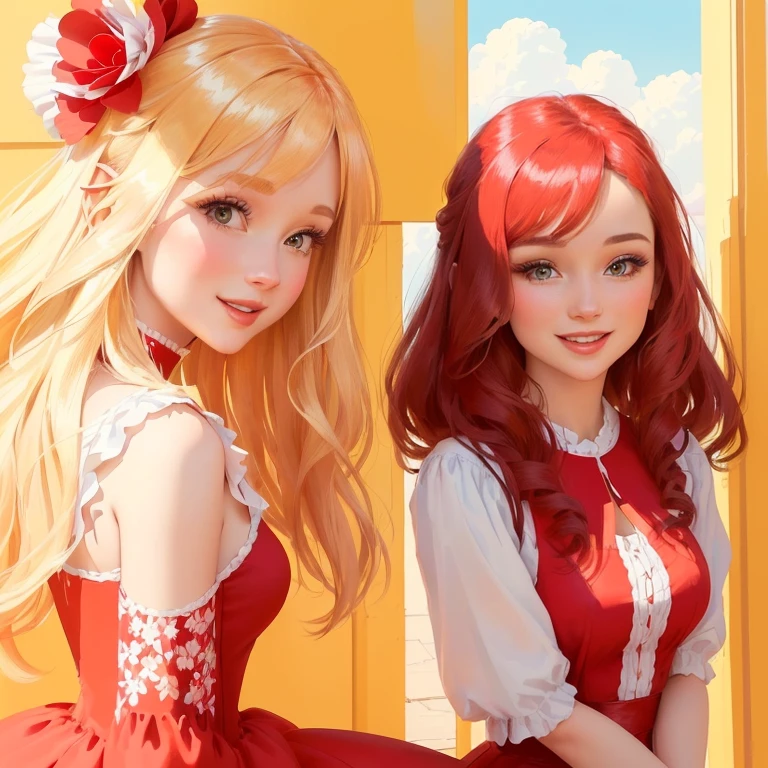 cartoon drawing of a woman in a red dress, talking to another woman in a white dress, Haha!', 😃😀😄☺🙃😉😗, your mother, 🪔 🎨;🌞🌄, 8 k, typical russian atmosphere, фото девушка курит, Style LOL, nostalgia suits you