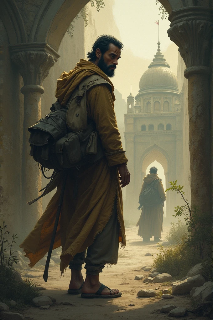 A young man, looking troubled and disheartened, approaching Baba Fareed’s abode.
Details: The young man carrying a small bag or staff, with a sense of seeking and hope in his demeanor.