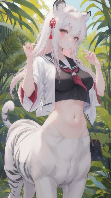 (best quality, masterpiece), 1 girl, centaur, I beg, White skin, Japanese schoolgirl,daughter,black pink, exposing the abdomen, belly button t-shirt , beautiful girl perfect, White tiger photo, perfect jungle photo