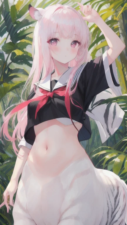 (best quality, masterpiece), 1 girl, centaur, I beg, White skin, Japanese schoolgirl,daughter,black pink, exposing the abdomen, belly button t-shirt , beautiful girl perfect, White tiger photo, perfect jungle photo