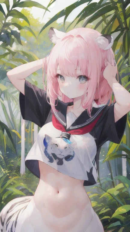 (best quality, masterpiece), 1 girl, centaur, I beg, White skin, Japanese schoolgirl,daughter,black pink, exposing the abdomen, belly button t-shirt , beautiful girl perfect, White tiger photo, perfect jungle photo