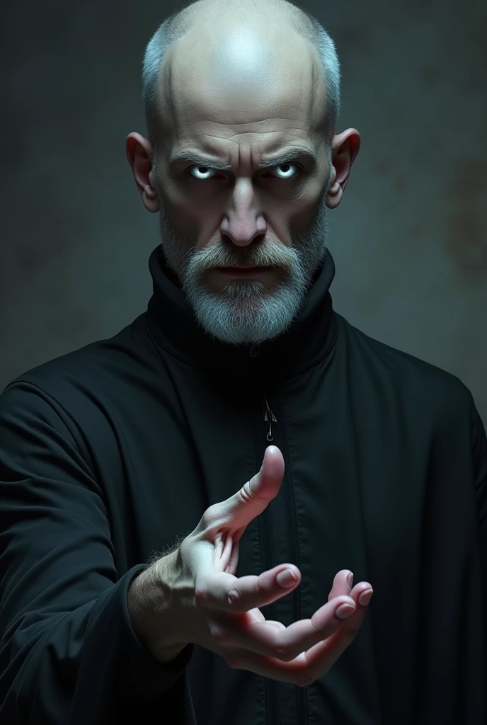 White eyes with shadowy hand powers and no beard or wrinkles on the head of the karma,The Man with the Black Eyes