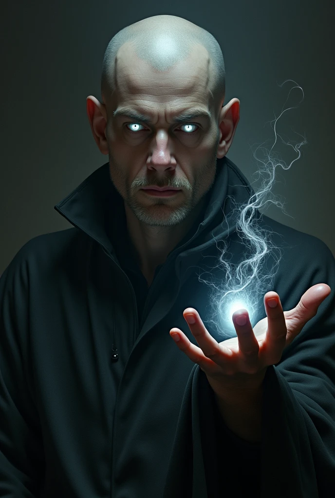 White eyes with shadowy hand powers and no beard or wrinkles on the head of the karma,The Man with the Black Eyes