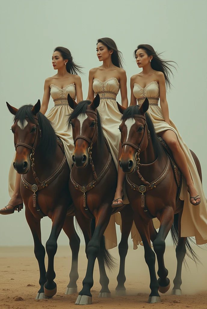 3 women sitting on leather cushion kept on men's back and the men is carrying them on their back and riding him like a horse