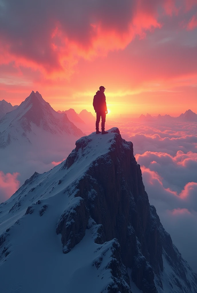 The silhouette of a man at the top of the mountain at sunrise.