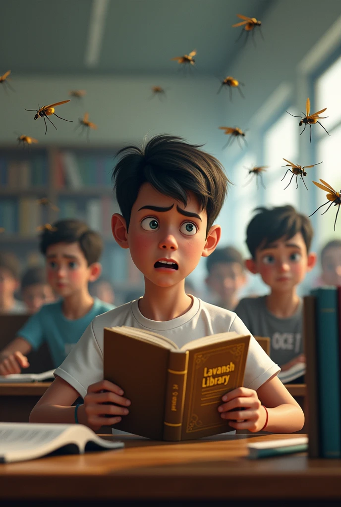 Many mosquito are flying or a boy whom seating in library, wearing L.A. name logo tshirt or holding a Bold language name Raj.Gk book and other students are also seeting his behind, in the background showing a bold language name *Lavansh Library*  , watching mosquito with stress face, realistic image 