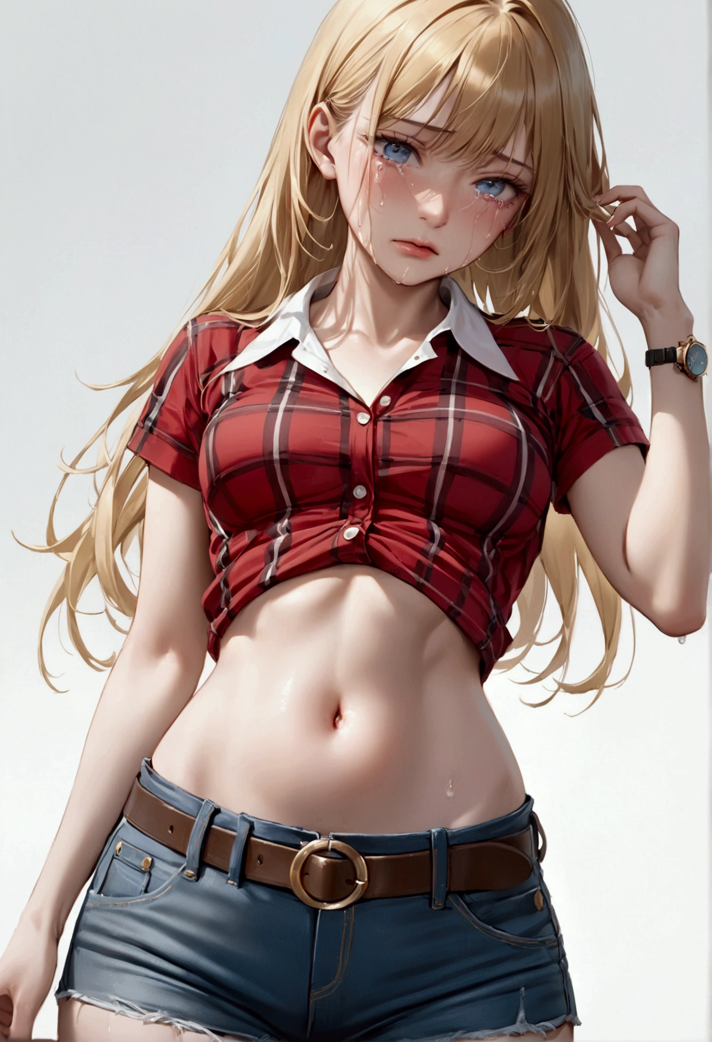 Woman with long blonde hair, blue eyes, An athletic body, Red checked tight-fitting short-sleeved collared shirt, watch, Navel exposed, Denim hot pants, Brown belt with oval buckle,Crying face, Stand up straight, White background,Front view,8k, Highest quality, masterpiece, Realistic, detailed